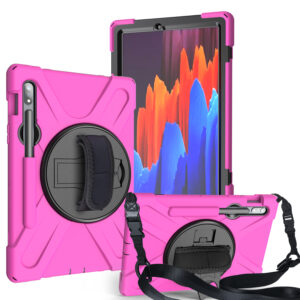 For Samsung Tab S7 T870 /Tab S7 Plus T970/T975 Protective Cover with Pen Slot Anti-fall Belt Holder + Wristband + Straps black_Samsung Tab S7 Plus T970/T975